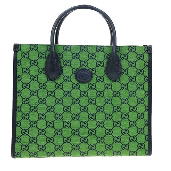 GUCCI Interlocking G GG Pattern Hand Bag Canvas Leather Green Blue SHW 667YH559 - Picture 1 of 14